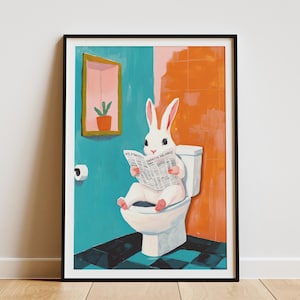 Funny Rabbit on Toilet Reading Newspaper Bathroom Wall Art Print Cute Bunny in Restroom Poster Modern Home Decor Whimsical Animal