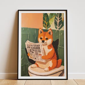 Shiba Inu Puppy Art Print Funny Dog Newspaper Poster Toilet Humor Bathroom Wall Decor Cute Animal Art Pet Lover Gift Unique Home Decor