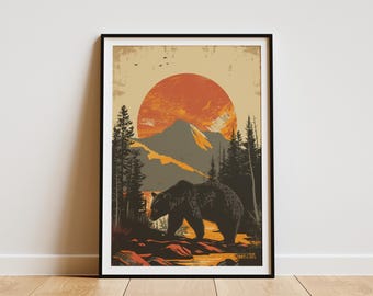 Schwarzer Bär Berg Sonnenuntergang Poster Wildlife Art Print Vintage Reiseposter Nationalpark Natur Art