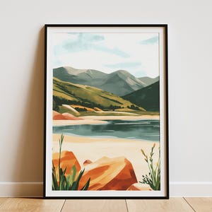 Póster de lago de montaña, impresión artística de naturaleza, paisaje, arte de pared, póster de lago tranquilo, escena costera, póster de primavera, arte moderno, decoración del hogar, lago sereno