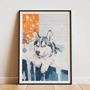Impresión artística de perro husky, decoración de pared para baño, póster de animal lindo, retrato de mascota, perro divertido en la bañera, decoración del hogar, arte de cachorro juguetón, póster de baño espumoso