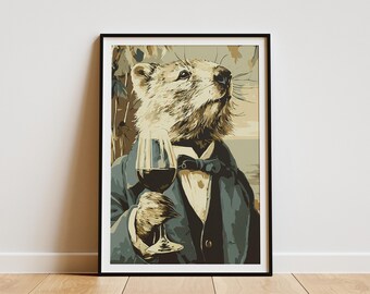 Dapper Quokka Wine Drinker Portrait Wall Art Print Gentleman Animal Home Decor Bar Area Decor Modern Wildlife Nature Lover Gift Idea