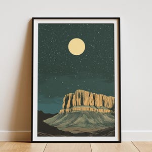Plakat z Parku Narodowego Gór Guadalupe w Teksasie, Księżycowa Noc, Grafika Ścienna, Krajobraz Pustyni, Plakat Podróży do Teksasu, Wystrój Domu, Pomysł na Prezent