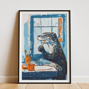 Póster con impresión de arte moderno en color azul y naranja de nutria cepillándose los dientes en el espejo del baño, decoración de pared divertida y adorable para el baño