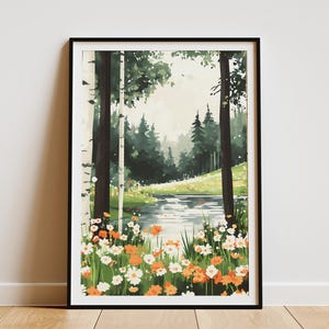 Spring Forest River Poster Nature Art Print Flowers Birch Trees Calm River Modern Botanical Wall Art Home Decor Peaceful Landscape Floral