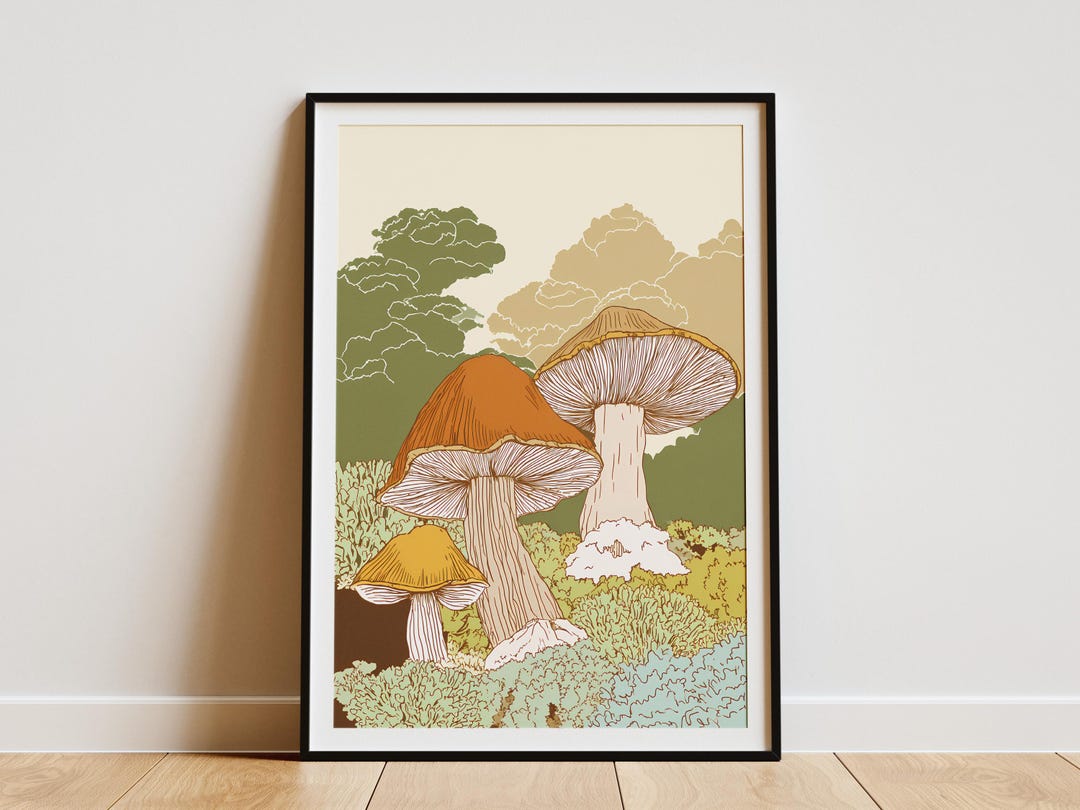 Minimalist Woodland Mushroom Art Print Earthy Green Moss Forest Fungi ...