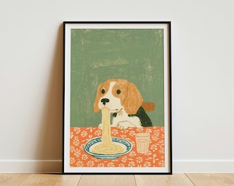 Beagle Eating Spaghetti Dog Art Print Cute Pet Foodie Dining Room Decor