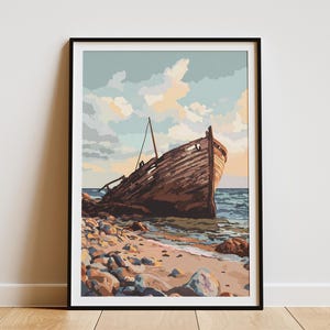 Impresión artística de naufragio en la playa, decoración de pared náutica, póster del océano, decoración del hogar costero, obra de arte de paisaje marino de naufragio de barco vintage, impresión temática náutica