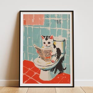 Póster de periódico con gatito turco, decoración de pared para baño, impresión artística divertida de gato, humor para el baño, regalo para amantes de las mascotas, decoración única para el hogar, arte caprichoso