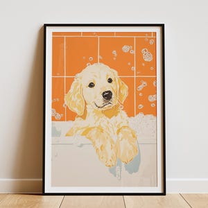 Póster de cachorro de golden retriever en la bañera, impresión de perro lindo, arte de pared, impresión de arte de animal divertido, decoración de baño, póster de cachorro, regalo para amantes de las mascotas