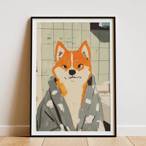 Shiba Inu Dog Bathrobe Art Print Funny Bathroom Poster Dog Lover Gift Animal Wall Art Modern Home Decor Playful Pet Portrait