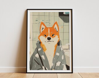 May include: Framed art print featuring a Shiba Inu dog wearing a gray robe. The dog has orange and white fur and is set against a light green tiled background. The artwork is in a minimalist style, with a black frame.