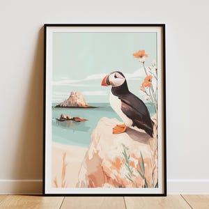 Impresión artística de pájaro frailecillo, decoración de pared costera, ilustración de rocas junto al mar, arte de casa de playa, regalo para amantes de los frailecillos, póster de pájaro costero, decoración del hogar costero