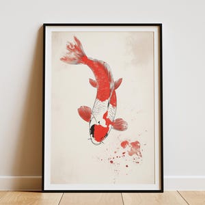 Plakat z rybą Koi w stylu japońskim Prosta czerwona sztuka ścienna Koi Nowoczesna minimalistyczna ilustracja ryby Azjatycki wystrój Sztuka powodzenia Wydruk japoński Wystrój