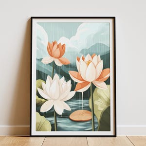 Lotus Pond Regenzeit Poster Botanische Wandkunst Aquarell Blumen Print Gelassene Natur Dekor Asiatisch inspirierte Dekoration Modernes Wohndekor ruhig