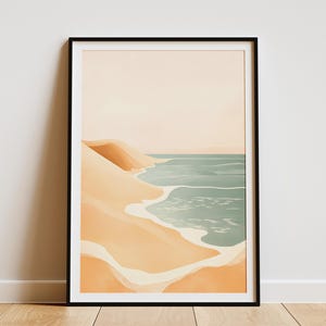 Impresión minimalista de playa, arte de pared con dunas oceánicas, póster costero abstracto, decoración moderna de dunas de arena, arte beige y azul, decoración de verano para el hogar, océano tranquilo