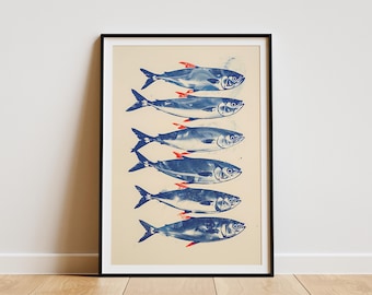 Blue Sardines Cream Risograph Print Coastal Ocean Fish Art Beach House Decor Nautical Wall Art Blue and Cream Poster Modern Fish