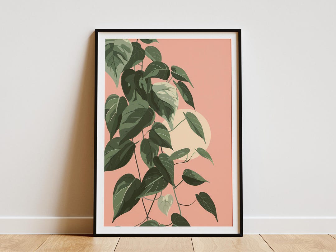 Minimalist Plant Poster Green Leaf Wall Art Pink Background Home Decor ...