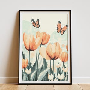 Poster Giardino di tulipani arancioni, stampa botanica, prato di farfalle, decorazione murale floreale primaverile per la casa, opera d'arte con fiori di pesco, scena naturale, stile rustico
