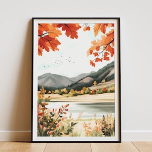 Pôster de paisagem de outono, pôster de outono, montanha, lago, arte da natureza, impressão, folhas de laranja, floresta, lago, paisagem moderna, arte de parede, decoração de cenário de outono