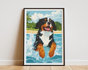 Bernese Mountain Dog Ocean Splash Art Print Happy Bernese Beach Dog Wall Decor Tropical Hawaii Puppy Lover Gift Poster
