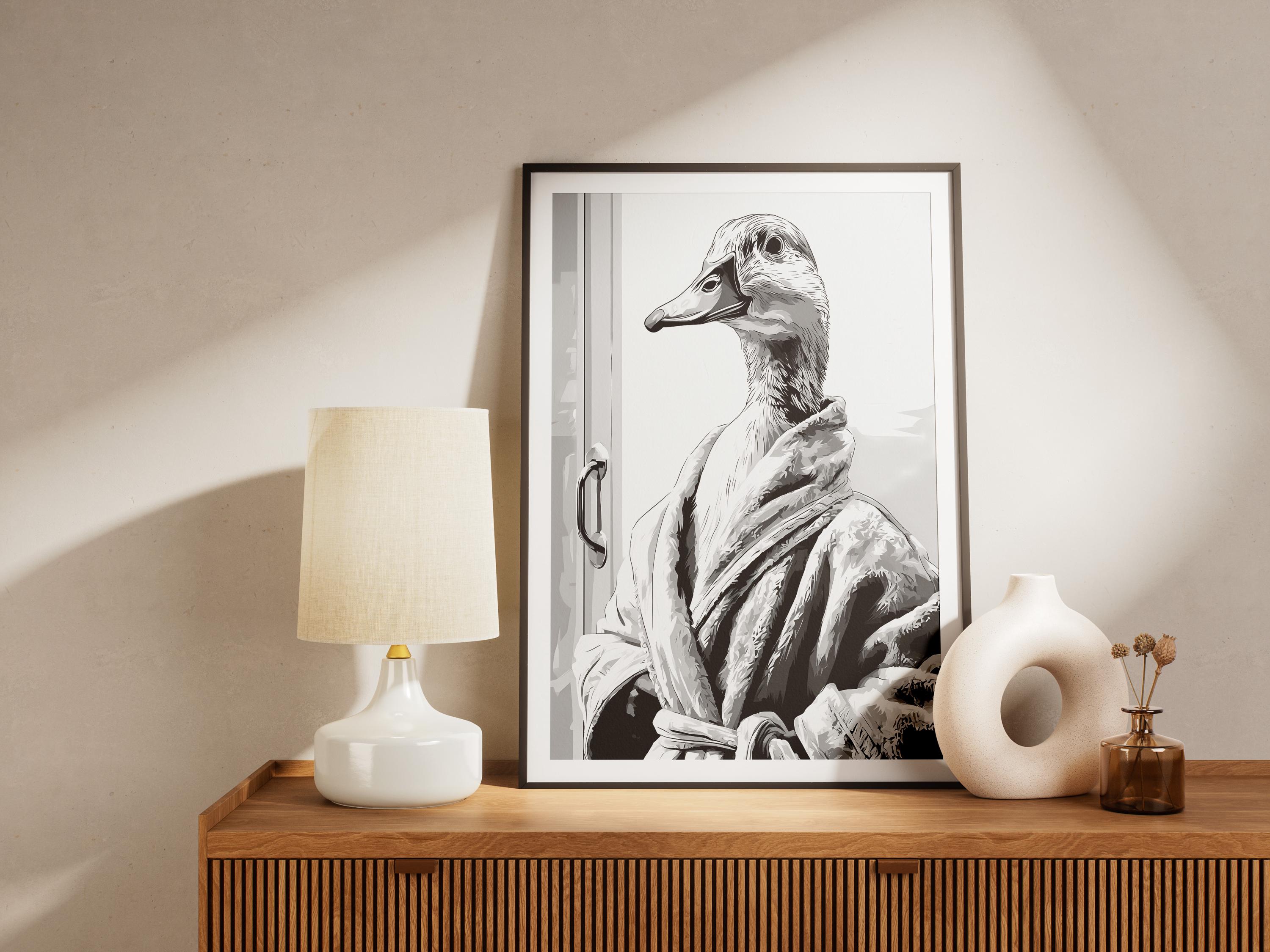 Duck in Bathrobe Bathroom Art Print Unique Monochrome Animal Wall Decor ...