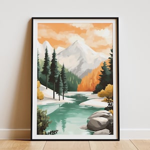 Winter Fluss Landschaft Poster Verschneiten Bergwald Kunstdruck Teal Natur Szene Icy River Print Schnee Wald Poster Natur Wand Dekor Winter
