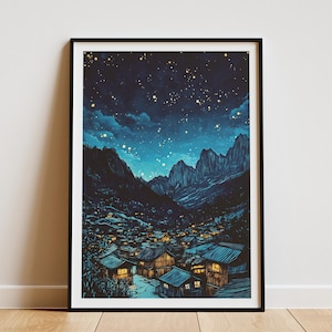 Póster de cielo nocturno de pueblo de montaña, impresión de paisaje nocturno estrellado, arte celestial, decoración de pared estética azul oscuro, regalo para ella