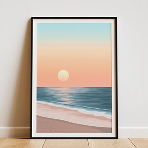 Friedliche Sonnenaufgang Strand Plakat Ozean Sonnenuntergang Wandkunst Küstendekor Druck Sommer Stranddruck Ruhe Strandszene Minimalistische Strandkunst Modern