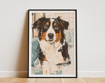 Australian Shepherd Dog Art Print Foamy Bathtub Poster Dog Lover Gift Bathroom Wall Decor Aussie Art  Print Dog Portrait Pet Art