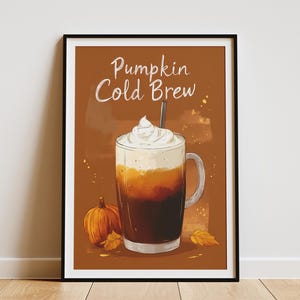 Abóbora Café Gelado Bebida Outono Outono Temporada Cartaz Impressão Arte de Parede Decoração de Casa Café Aconchegante Bebida Bebida Cafeteria Ilustração