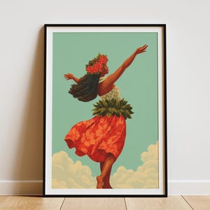 Vibrant Hawaiian Hula Dancer Art Print Tropical Island Wall Decor Polynesian Woman Lei Skirt Art Cultural Dance Folk Art Poster Aloha Dance