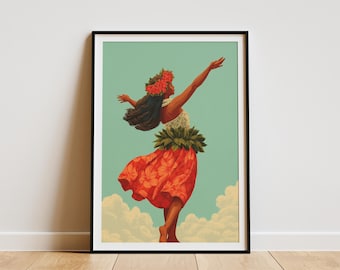 May include: A framed art print of a woman in a traditional Hawaiian hula outfit. The woman is depicted dancing with her arms raised, wearing a red floral skirt and a flower crown. The background is a light blue sky with white clouds.