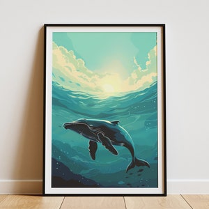 Póster de ballena oceánica, arte de pared minimalista, impresión de vida marina submarina, decoración moderna para el hogar, azul y verde