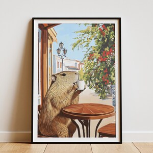 Capibara Cafe Art Print Matisse geïnspireerde koffieliefhebber cadeau dier poster grillige muur kunst gezellige café scène Capibara liefhebber aanwezig uniek