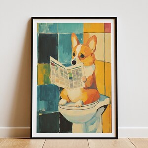 Corgi Dog on Toilet Reading Newspaper Art Print Humorous Bathroom Wall Decor Funny Animal Poster Quirky Pet Lover Gift