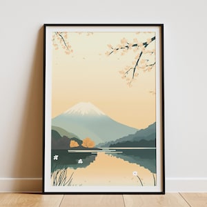 Póster de paisaje japonés con flores de cerezo en el monte Fuji, impresión artística, escena de naturaleza tranquila, decoración asiática minimalista, arte de pared japonés moderno, hogar sereno