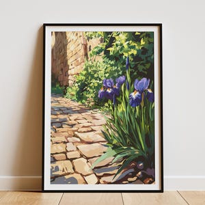 Kopfstein Gehweg Iris Lila Blumen Poster Botanischer Garten Kunstdruck Home Decor Blumen Illustration Pathway Steinwand Naturszene