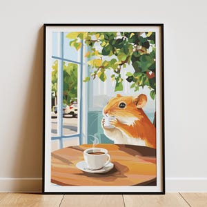 Impresión artística de café con hámster, póster de animales estilo Matisse, decoración de pared caprichosa, arte de roedor lindo, regalo para amantes del café, impresión artística de escena de café