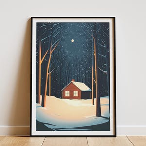 Winter Cabin in Woods Snow Poster Gemütliches Waldhaus Schneelandschaft Kunstdruck Natur Illustration Vintage Travel Poster Cabincore Decor