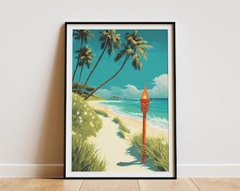 Może przedstawiać: Oprawiony wydruk artystyczny przedstawiający tropikalną scenę na plaży. Grafika przedstawia piaszczystą ścieżkę prowadzącą do oceanu, palmy i pochodnię tiki. Niebo jest żywego turkusu, a ogólna paleta barw jest jasna i zachęcająca.