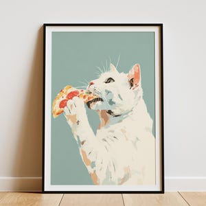 Whimsical Cat Eating Pizza Digital Art Print Humorous Pet Lover Wall Decor Quirky Kitchen Foodie Poster Funny Animal Home Artwork