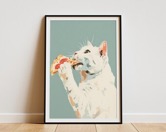Whimsical Cat Eating Pizza Digital Art Print Humorous Pet Lover Wall Decor Quirky Kitchen Foodie Poster Funny Animal Home Artwork