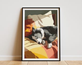 Cozy Australian Shepherd Dog Sleeping Modern Art Print Abstract Pet Portrait Wall Decor Unique Animal Lover Gift for Home Cute Doggy