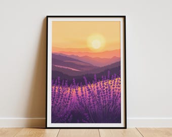 Lavender Sunset Landscape Poster Purple Flowers Field Art Print Nature Wall Decor Boho Decor Modern Minimalist Botanical Illustration Home