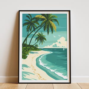 Póster minimalista de playa tropical, impresión artística de palmeras, decoración de casa de vacaciones, arte de pared del océano