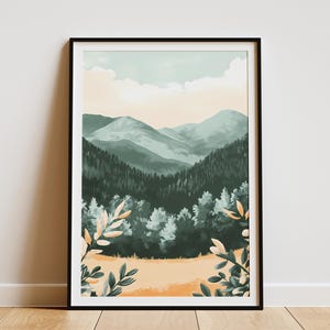 Nebligen Bergwald Landschaft Poster Moderne Kunst Druck Grün Natur Wand Dekor Abstrakte Natur Szene Boho Wohnkultur Ruhe Minimalist
