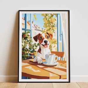 Impresión artística de Jack Russell Terrier, acogedora cafetería, póster de café, regalo para amantes de los perros, arte de pared, decoración de cocina, linda ilustración de animal