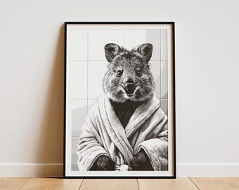 Quokka in Bathrobe Bathroom Art Print Black and White Minimalist Animal Poster Funny Quokka Wall Decor Unique Home Gift