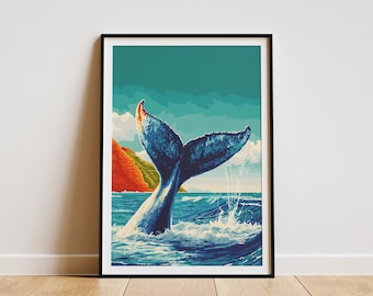 Humpback Whale Tail Ocean Art Print Vibrant Marine Life Poster Hawaiian Coastal Wall Decor Ocean Lover Gift Idea Deep Blue Sea Animal Art